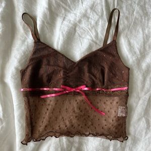 Y2k Brown and pink lace and sheer tank top